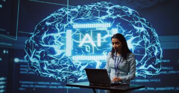 Technician in AI high tech workspace managing call center tasks