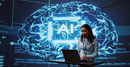 Technician in AI high tech workspace managing call center tasks